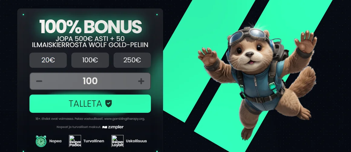 Reipas — 100% bonus jopa 500 € asti sekä 50 ilmaiskierrosta Wolf Gold-peliin ensitalletuksella.